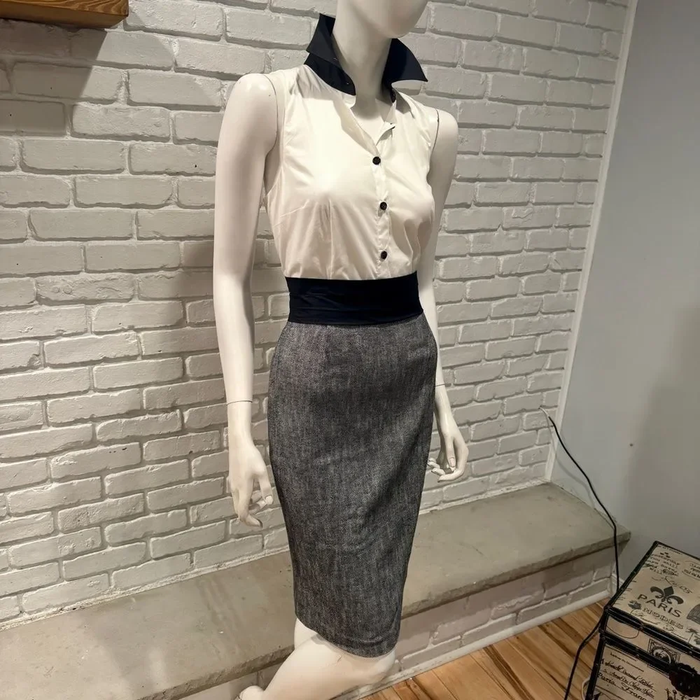 Black White Colorblock Sheath Dress Sleeveless Collared Pencil Dress Work Office